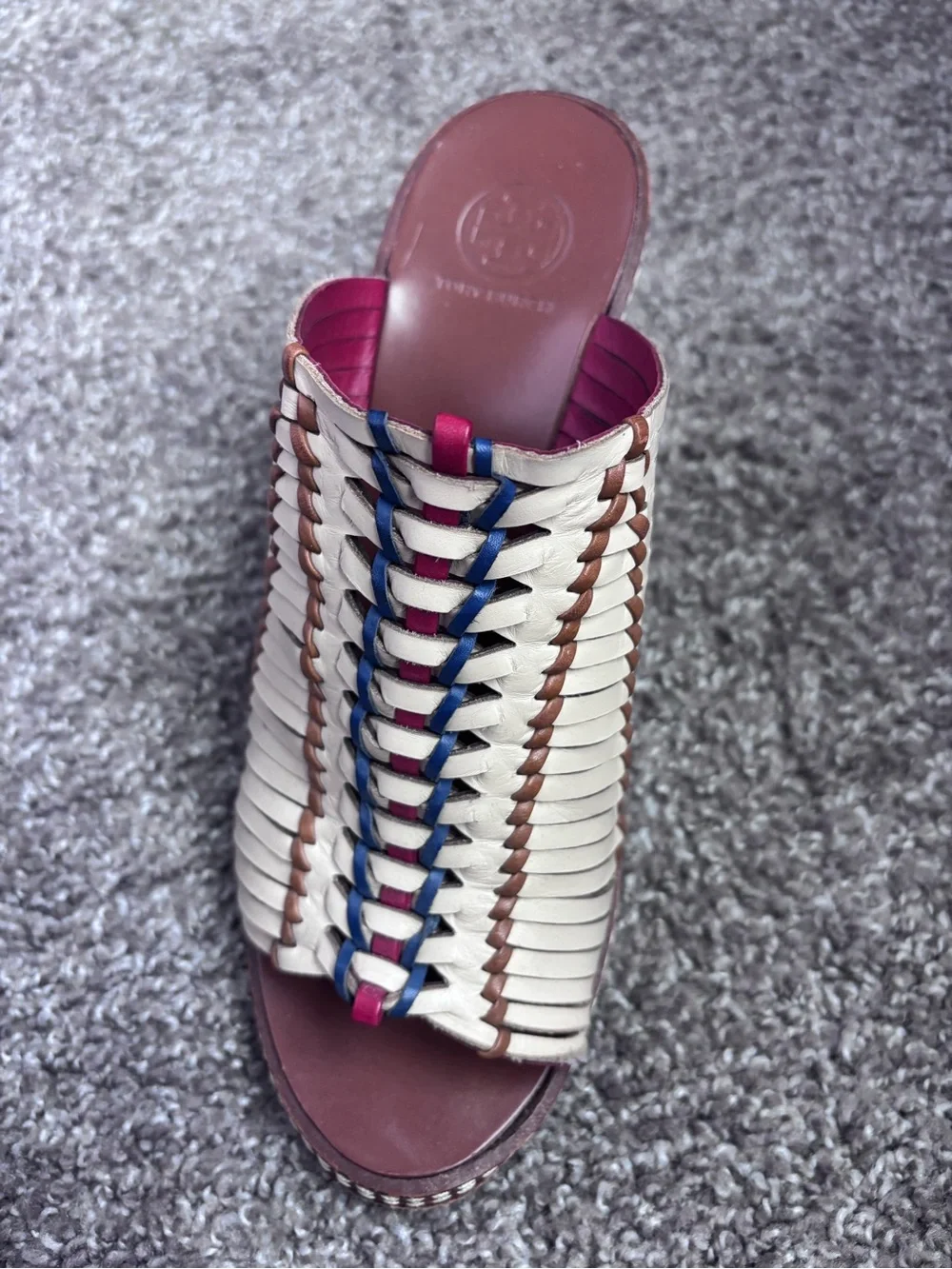 Tory Burch Cream Braided Leather Mules with Navy & Red Accents